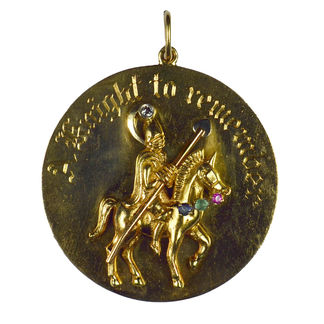 Large Yellow Gold Gem Set Knight To Remember Medallion Charm Pendant