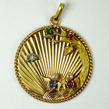 Load image into Gallery viewer, French 18K Yellow Gold Lovebirds Emerald Ruby Sapphire Diamond Pendant
