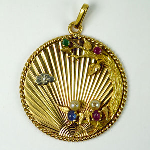 French 18K Yellow Gold Lovebirds Emerald Ruby Sapphire Diamond Pendant