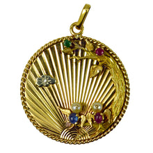 Load image into Gallery viewer, French 18K Yellow Gold Lovebirds Emerald Ruby Sapphire Diamond Pendant
