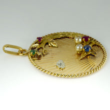 Load image into Gallery viewer, French 18K Yellow Gold Lovebirds Emerald Ruby Sapphire Diamond Pendant
