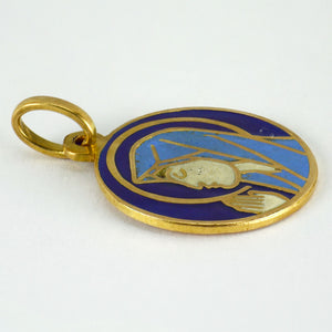 Italian 18K Yellow Gold Blue Enamel Virgin Mary Medal Pendant