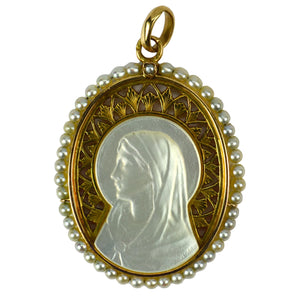 French 18K Yellow Gold Pearl Mother-of-Pearl Virgin Mary Charm Pendant