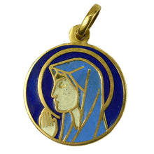 Load image into Gallery viewer, Italian 18K Yellow Gold Blue Enamel Virgin Mary Medal Pendant
