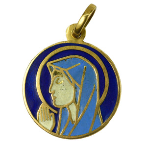 Italian 18K Yellow Gold Blue Enamel Virgin Mary Medal Pendant