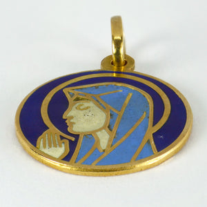 Italian 18K Yellow Gold Blue Enamel Virgin Mary Medal Pendant