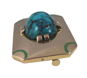 French Art Deco Turquoise Enamel Gold Brooch