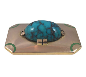 French Art Deco Turquoise Enamel Gold Brooch