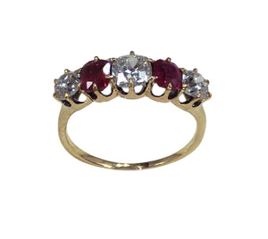 Edwardian Burmese Red Ruby White Diamond Five-Stone Engagement Ring