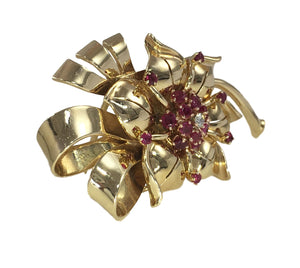 Gold Ruby Diamond Flower Brooch Bangle