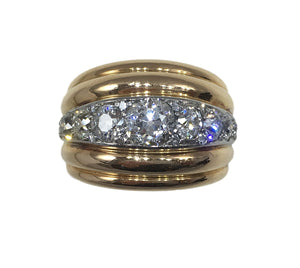 French 1940s Diamond Gold Platinum Ridged Dome Ring
