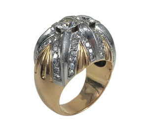 French Retro Diamond 18K Gold Platinum Bombe Ring