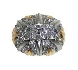 French Retro Diamond 18K Gold Platinum Bombe Ring
