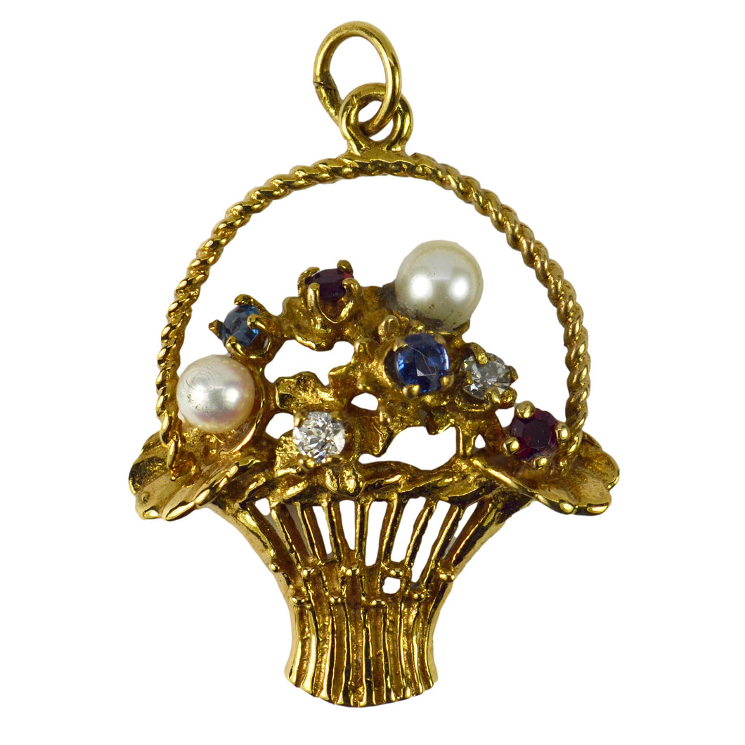 Flower Basket 14K Yellow Gold Gem Set Charm Pendant