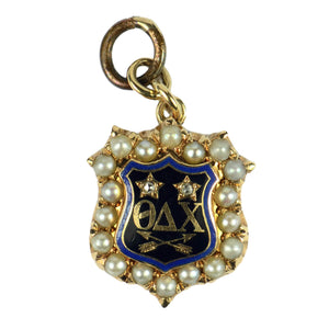 Vintage 14K Yellow Gold Pearl Diamond Enamel Theta Delta Chi Fraternity Charm Pendant