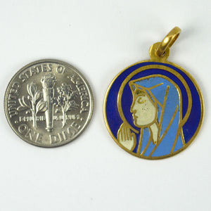 Italian 18K Yellow Gold Blue Enamel Virgin Mary Medal Pendant