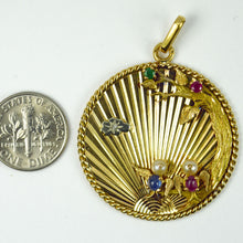 Load image into Gallery viewer, French 18K Yellow Gold Lovebirds Emerald Ruby Sapphire Diamond Pendant
