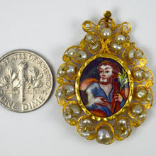 Load image into Gallery viewer, Antique Devotional Saint Joseph Yellow Gold Pearl Enamel Pendant
