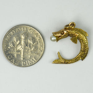 9K Yellow Gold Pearl Fish Charm Pendant