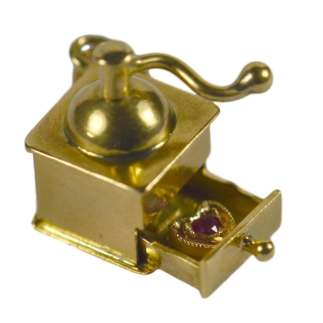 Coffee Grinder Love Heart Gold Ruby Charm Pendant