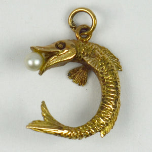 9K Yellow Gold Pearl Fish Charm Pendant