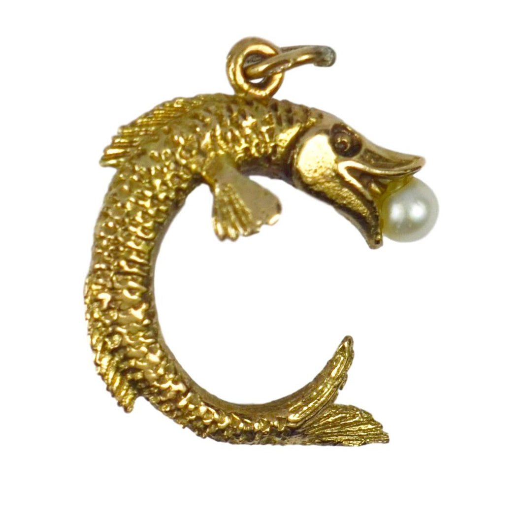 9K Yellow Gold Pearl Fish Charm Pendant