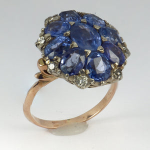 Blue Sapphire White Diamond 18K Gold Cluster Ring