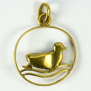 French 18K Yellow Gold Enamel Pearl Duck Charm Pendant