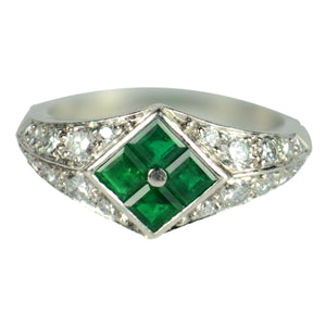 Checkerboard Invisibly-Set Emerald Diamond Pave Platinum Ring