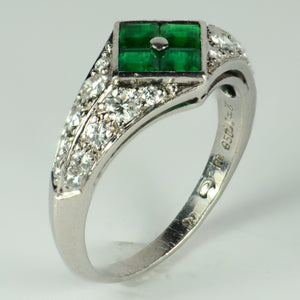 Checkerboard Invisibly-Set Emerald Diamond Pave Platinum Ring