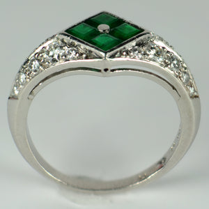 Checkerboard Invisibly-Set Emerald Diamond Pave Platinum Ring