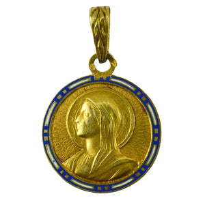 French Virgin Mary 18K Yellow Gold Enamel Charm Pendant