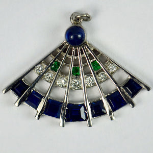 Art Deco Platinum Diamond Sapphire Emerald Fan Charm Pendant