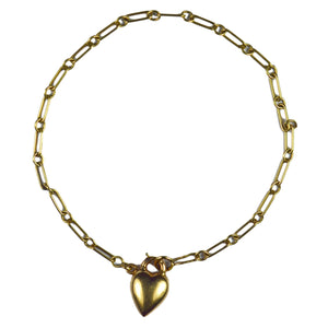 Yellow Gold Chain Link Bracelet With Puffy Heart Padlock Charm Pendant