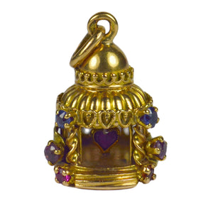 French Yellow Gold Gem Set Love Heart Lovers Pavilion Charm Pendant