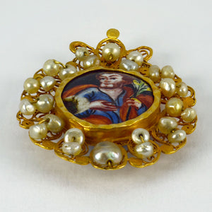 Antique Devotional Saint Joseph Yellow Gold Pearl Enamel Pendant