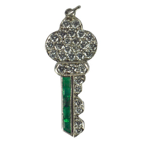Art Deco Platinum Emerald Diamond Key Charm Pendant