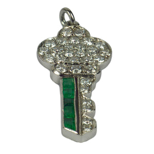 Art Deco Platinum Emerald Diamond Key Charm Pendant