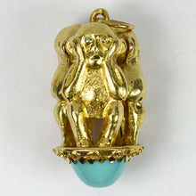 Load image into Gallery viewer, 18K Yellow Gold Three Monkeys Turquoise Charm Pendant
