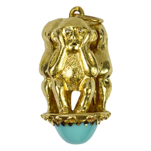 18K Yellow Gold Three Monkeys Turquoise Charm Pendant