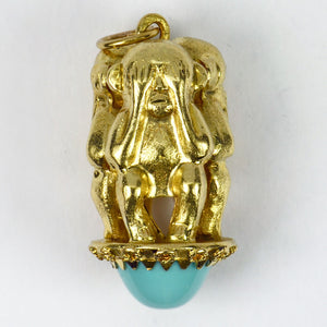 18K Yellow Gold Three Monkeys Turquoise Charm Pendant