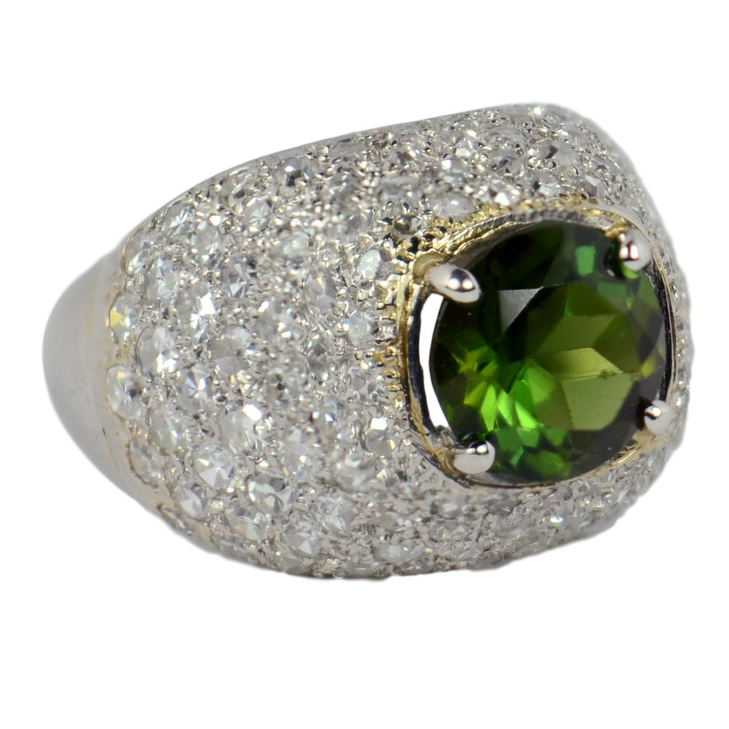 Art Deco Peridot Diamond Bombe Dome Platinum Gold Ring