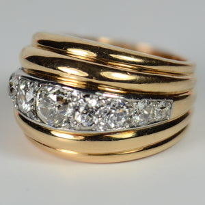 French 1940s Diamond Gold Platinum Ridged Dome Ring