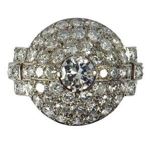 French Art Deco White Diamond Platinum Target Dome Ring