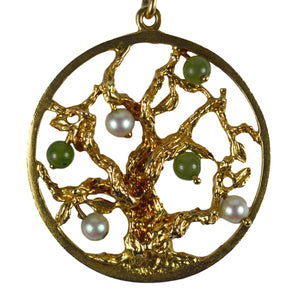 Yellow Gold Pearl Green Nephrite Jade Tree of Life Charm Bracelet Pendant