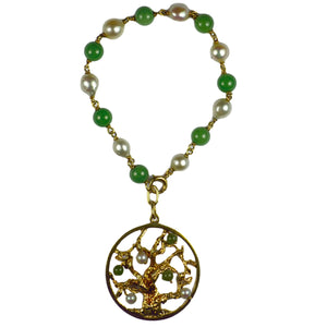 Yellow Gold Pearl Green Nephrite Jade Tree of Life Charm Bracelet Pendant
